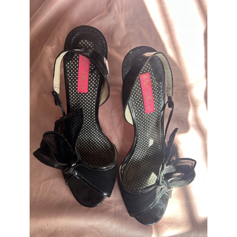 Betsey Johnson Black Patent Leather Mesh Bow Slingback Stiletto Sandals 10M
